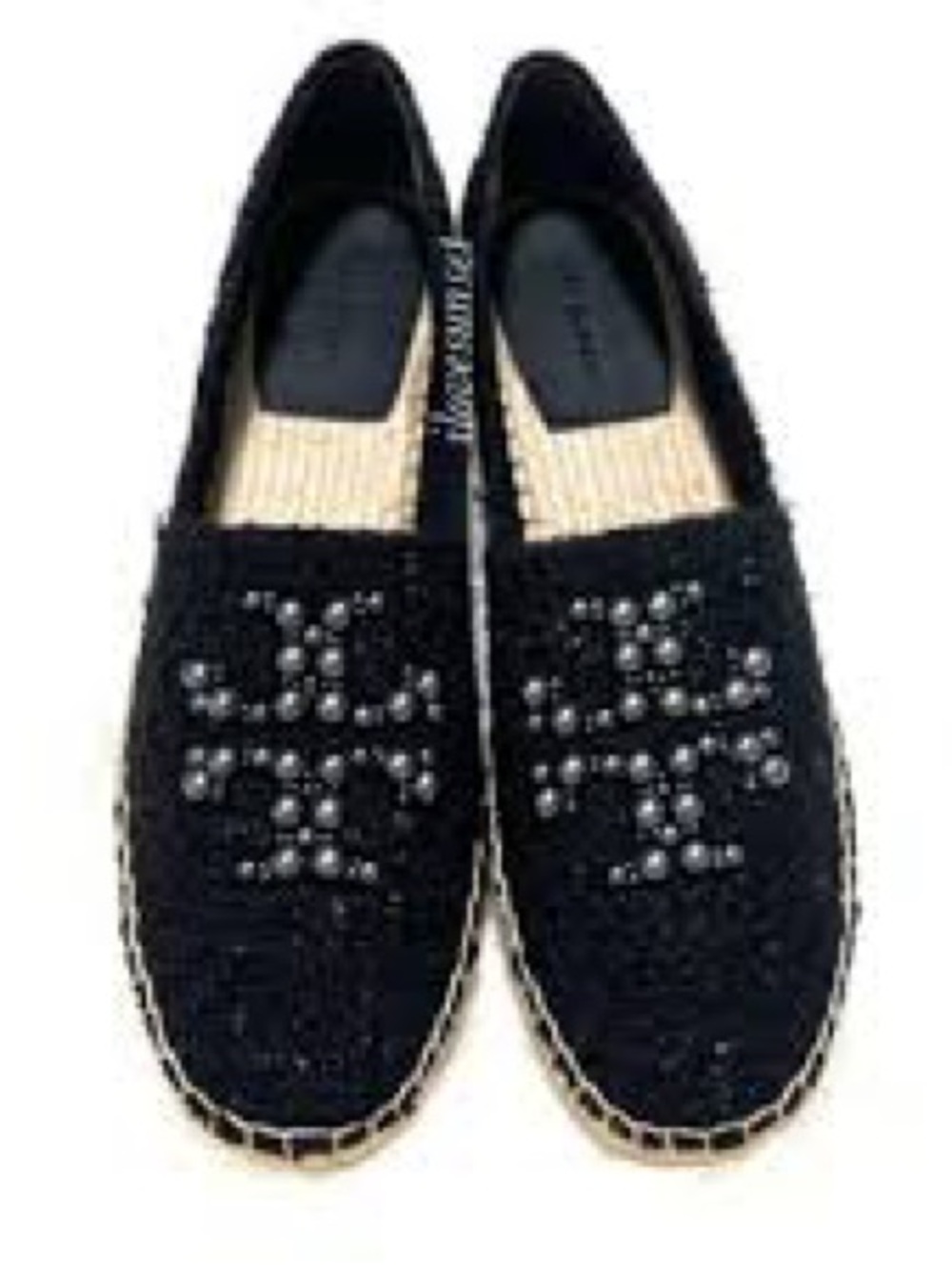 Sz 10 1/2 Tory Birch Beaded Black Tweed Espadrille Slip-Ons